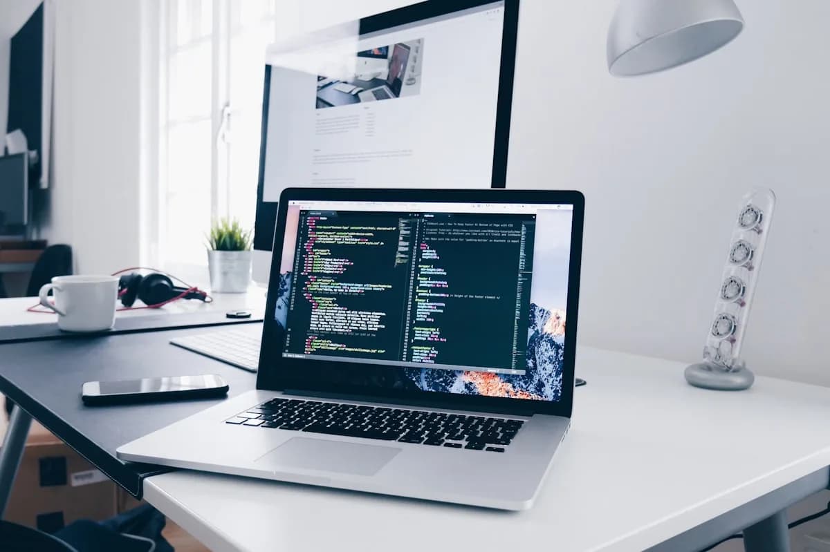 Laptop hiển thị mã nguồn trong môi trường phát triển phần mềm